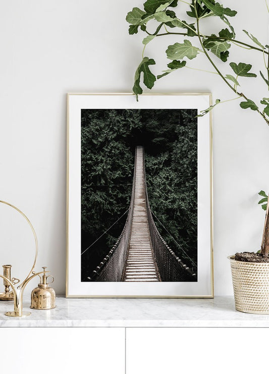 Watercolor forest bridge poster for nursery and home wall decor.