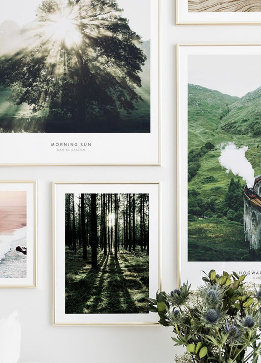 Watercolor forest sunlight poster for nursery and home wall decor.