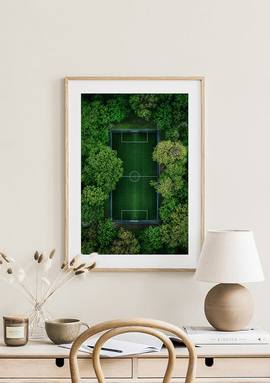 Watercolor green soccer pitch poster for nursery and home wall decor.