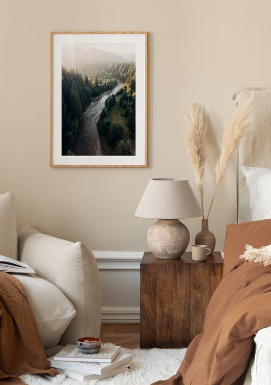 Watercolor river in forest poster for nursery and home wall decor.