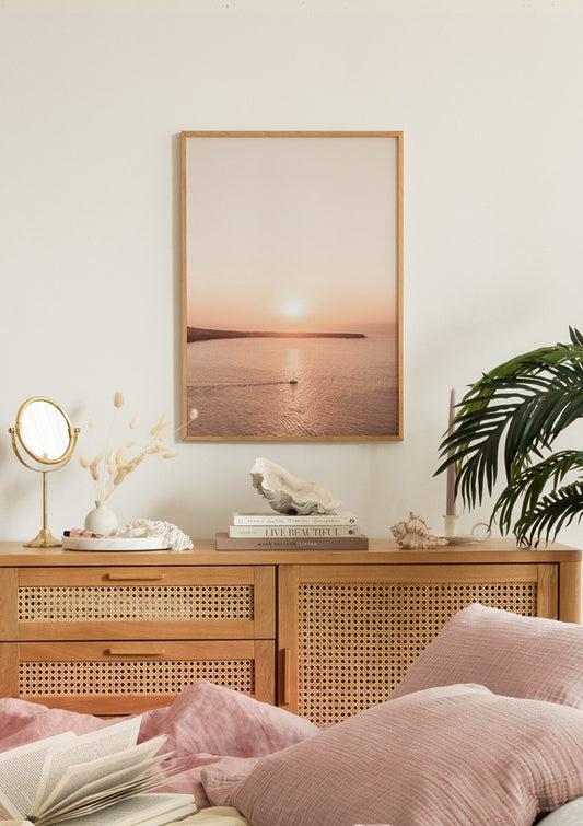 Watercolor sunset sailing poster for nursery and home wall decor.