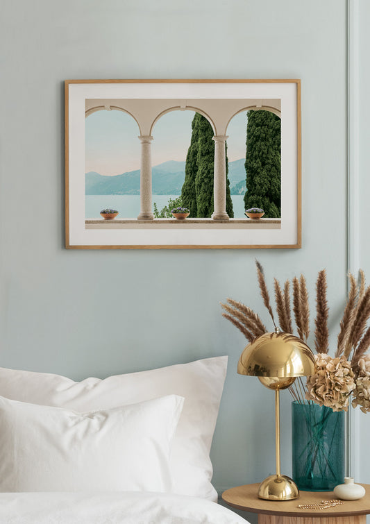 Watercolor view through arches poster for nursery and home wall decor.