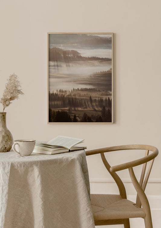 Watercolor sun rays through mist poster for nursery and home wall decor.