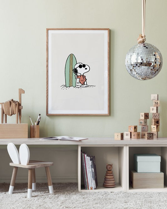 Watercolor snoopy surfboard poster for nursery and home wall decor.