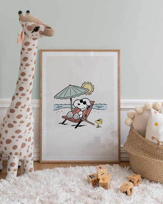 Watercolor snoopy on the beach poster for nursery and home wall decor.