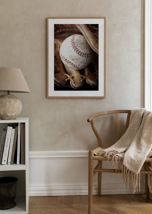 Watercolor baseball in glove poster for nursery and home wall decor.
