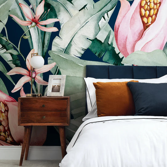 Navy, Green, and Pink Exotic Flowers Wall Mural
