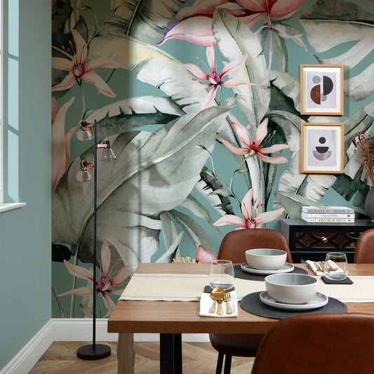 Vibrant Exotic Flower Mural in Teal, Green, and Pink