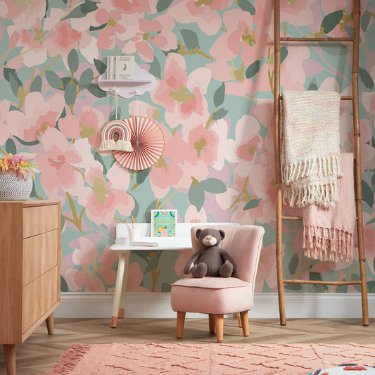 Pink and Duck Egg Floral Mural