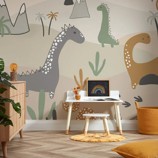 Charming Dinosaur Mural in Natural Hues