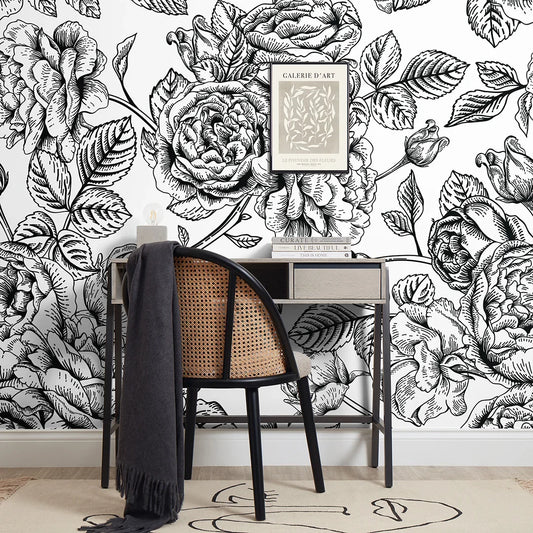 Monochrome Floral Mural: Gentle Roses Design