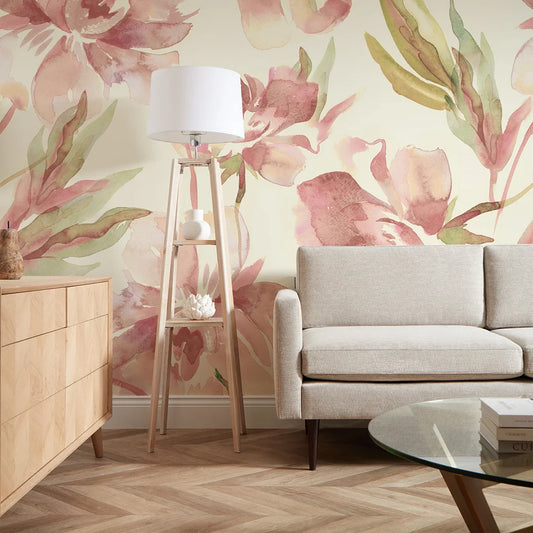 Watercolor Peach and Green Floral Bloom Mural