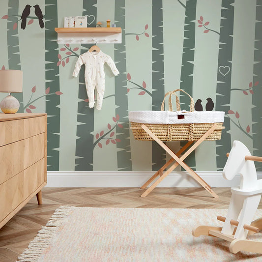 Sage Green Lovebirds Wall Mural | Romantic Nature-Inspired Design | Removable Wallpaper for Bedroom, Nursery, or Living Room Decor