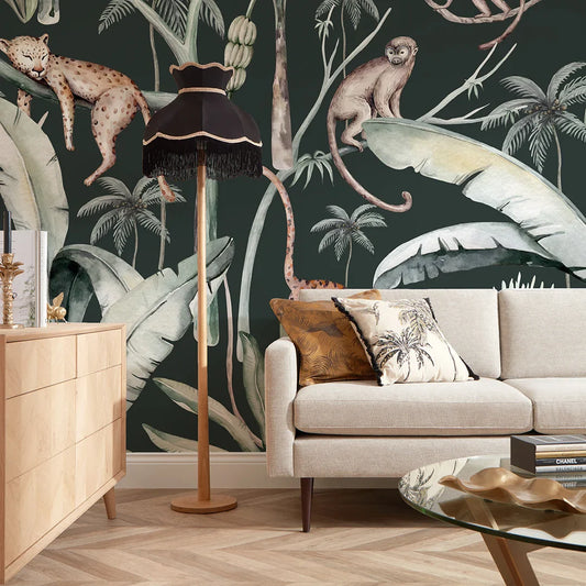 Bottle Green Sleepy Leopards Wall Mural