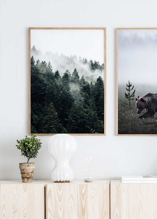 Watercolor misty forest poster for nursery and home wall decor.