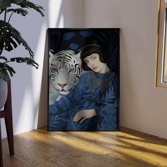 Eclectic Woman with Her Tiger In Blue
