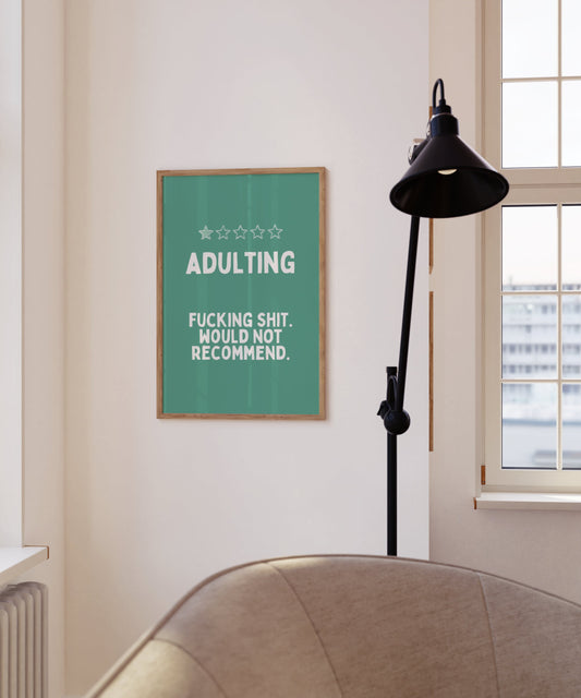 Adulting | White and Vivid Teal | Art Print - High-Quality Premium Wall Art Decor Sticker