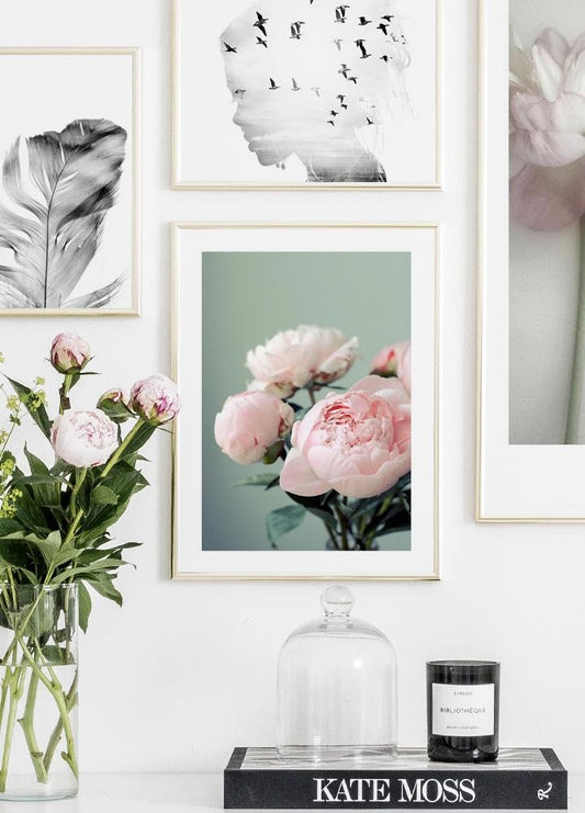 Watercolor pink peonies poster for nursery and home wall decor.
