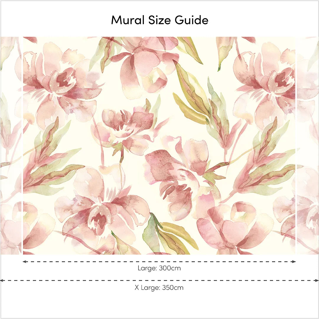 Watercolor Peach and Green Floral Bloom Mural
