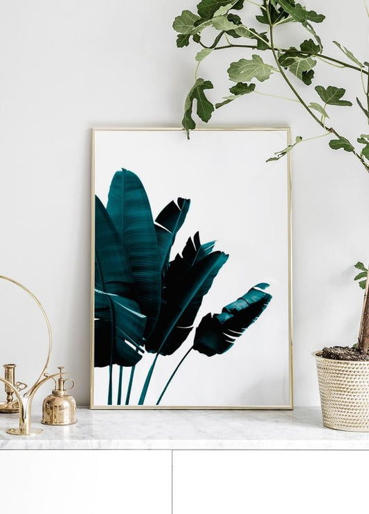 Watercolor green banana leaves poster for nursery and home wall decor.