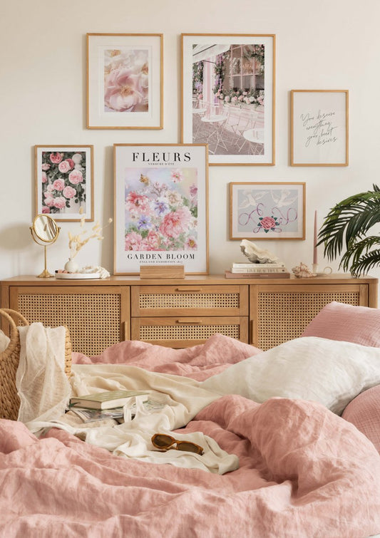 Watercolor pink café poster for nursery and home wall decor.