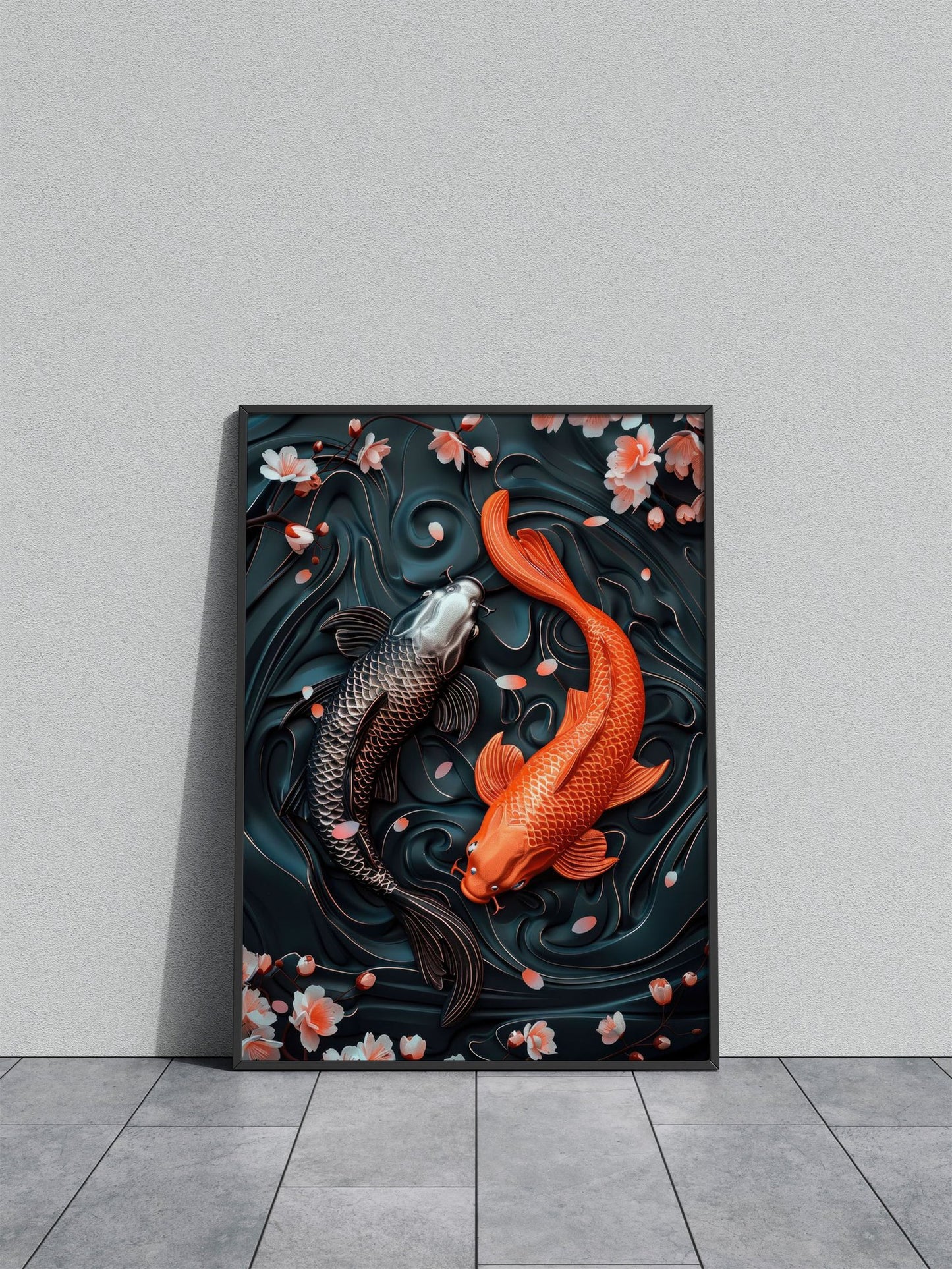 3D Relief Yin Yang Koi Asian Style Poster | Wall Art for Home & Office | High-Quality Print