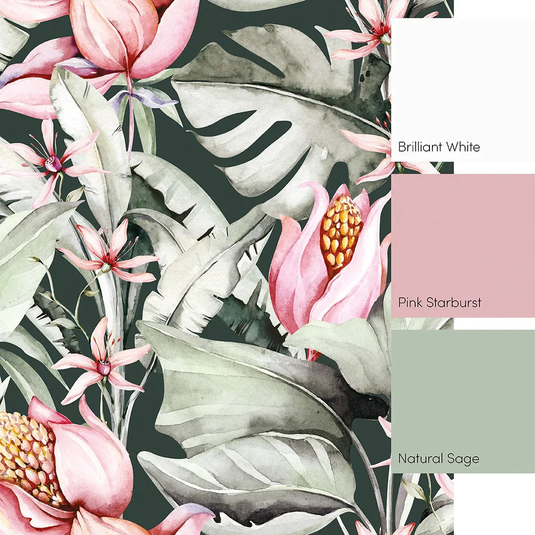 Chic Charcoal, Green, and Pink Exotic Floral Mural