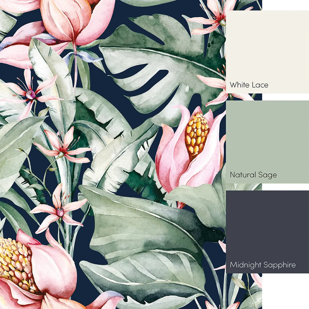 Navy, Green, and Pink Exotic Flowers Wall Mural