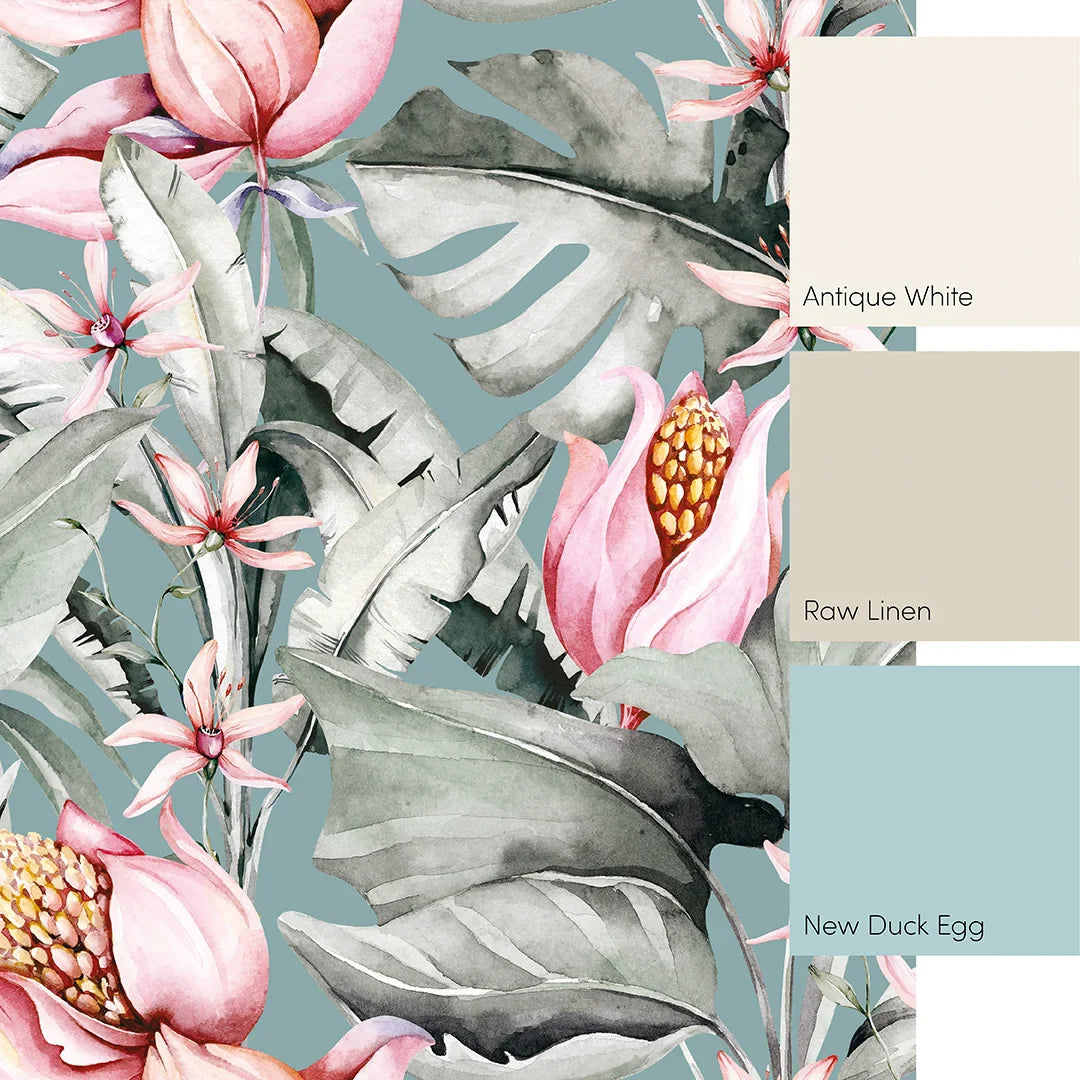 Vibrant Exotic Flower Mural in Teal, Green, and Pink