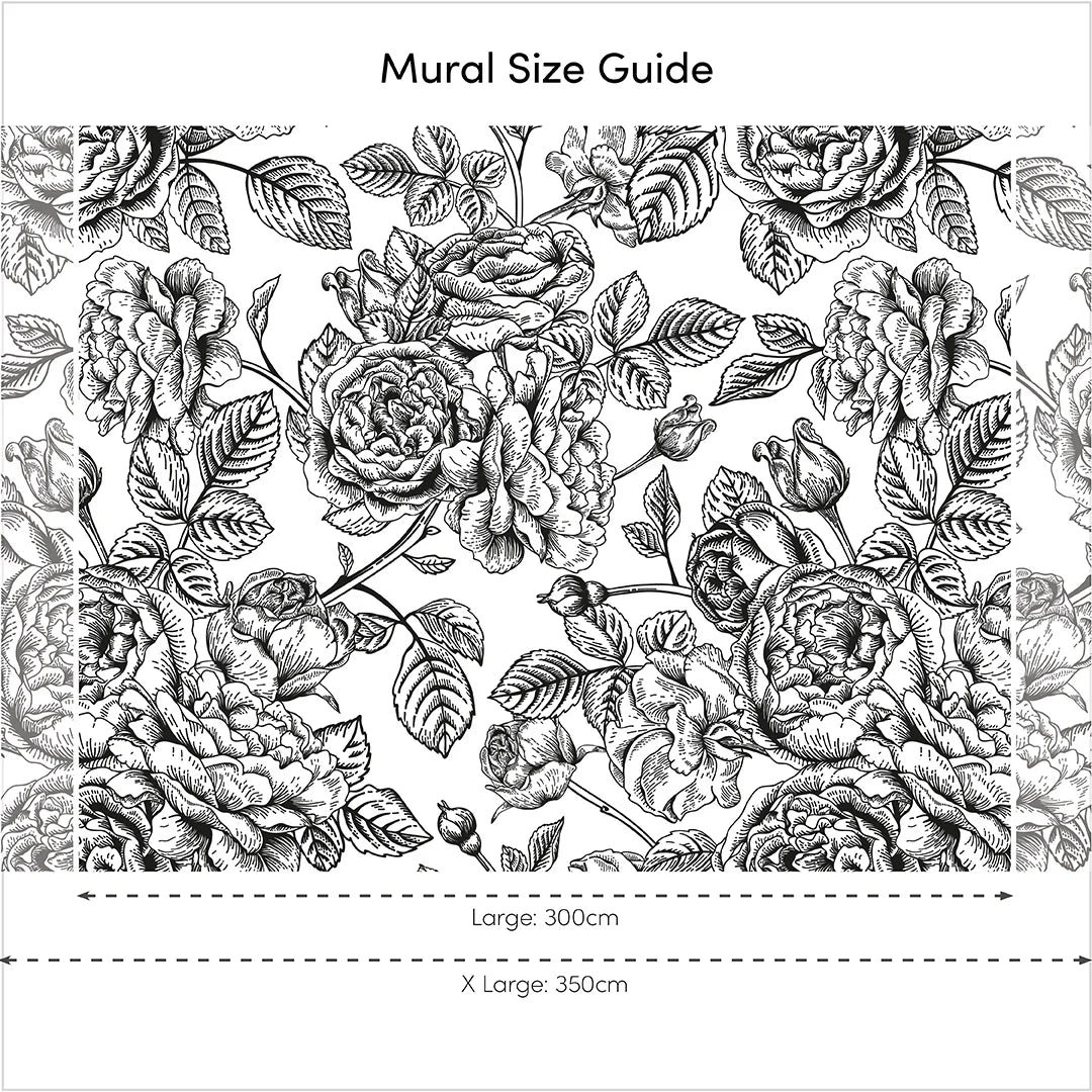 Monochrome Floral Mural: Gentle Roses Design