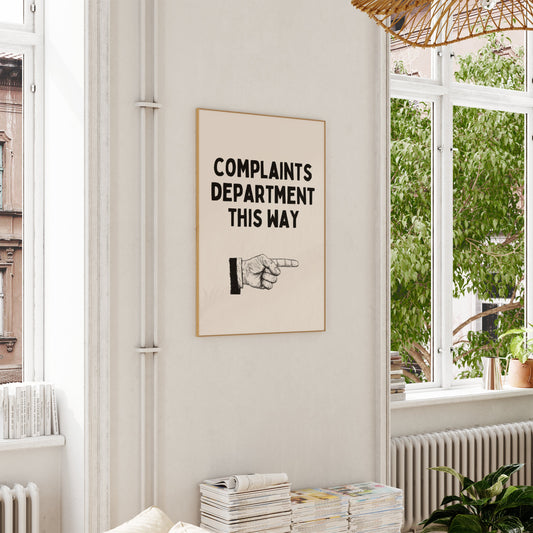 Complaints Department This Way | Black and Cream | Art Print - High-Quality Premium Wall Art Decor Sticker