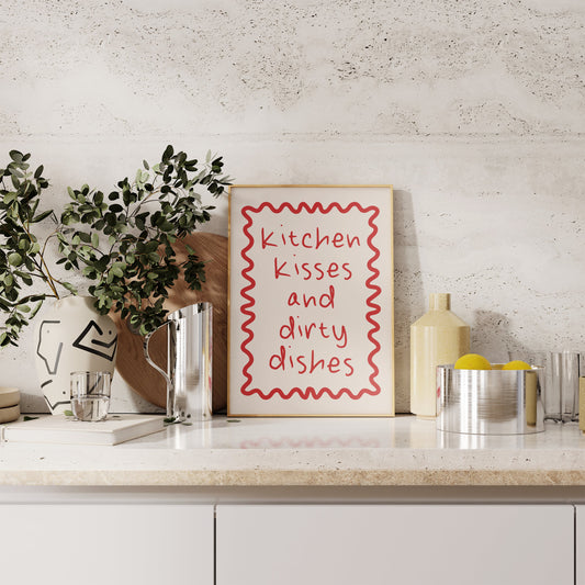 Kitchen Kisses And Dirty Dishes | Red and Cream | Art Print - High-Quality Premium Wall Art Decor Sticker