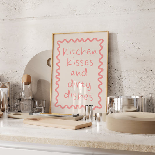 Kitchen Kisses and Dirty Dishes | Dusty Pink and Cream | Art Print - High-Quality Premium Wall Art Decor Sticker