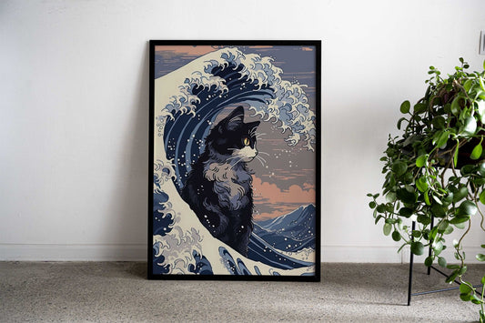 AESTHETIC CAT AND WAVE ART Asian Style Poster | Wall Art for Home & Office | High-Quality Print