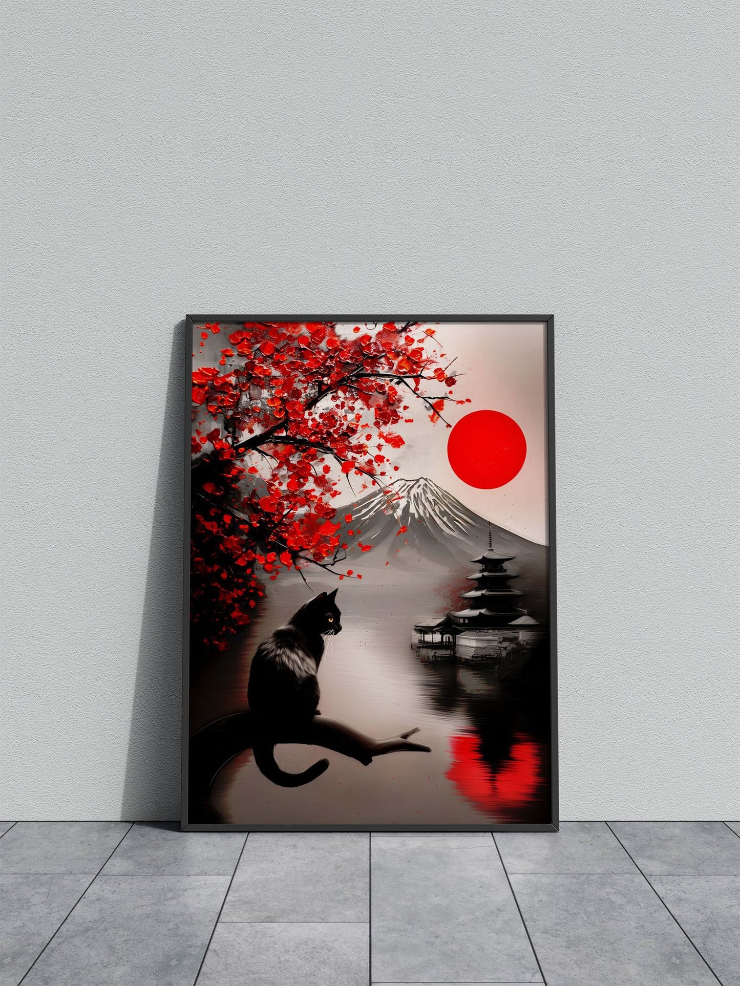 Abstract Fuji mountain feline serene painting Asian Style Poster | Wall Art for Home & Office | High-Quality Print