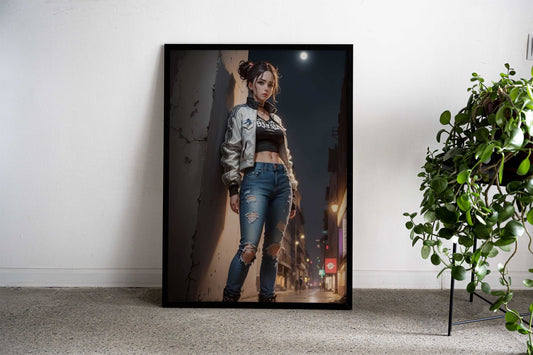 Anime Girl in City Night Asian Style Poster | Wall Art for Home & Office | High-Quality Print Premium Vinyl Skin Decal -