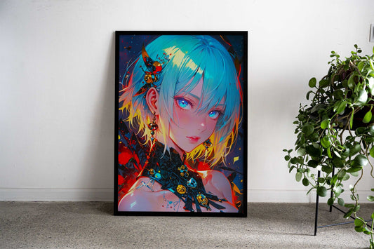 Anime Girl with Blue Hair Asian Style Poster | Wall Art for Home & Office | High-Quality Print Premium Vinyl Skin Decal