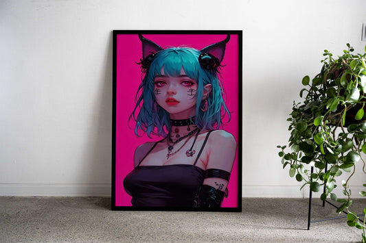 Anime Girl with Cat Ears Asian Style Poster | Wall Art for Home & Office | High-Quality Print Premium Vinyl Skin Decal -