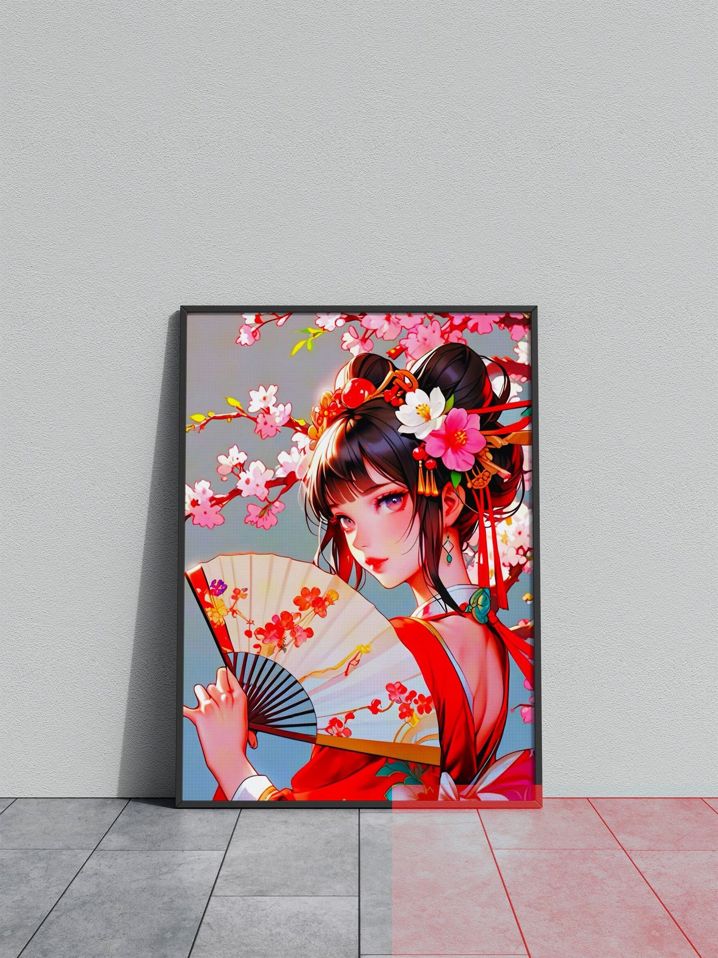 Anime Girl with Fan and Flowers Asian Style Poster | Wall Art for Home & Office | High-Quality Print