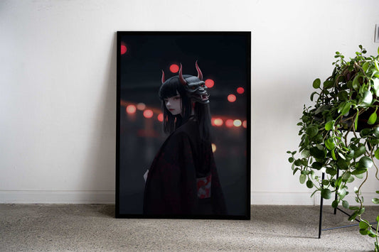 Anime Girl with Oni Mask Asian Style Poster | Wall Art for Home & Office | High-Quality Print Premium Vinyl Skin Decal -