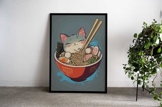 Anime Ramen Bowl Cat Asian Style Poster | Wall Art for Home & Office | High-Quality Print Premium Vinyl Skin Decal - Dur