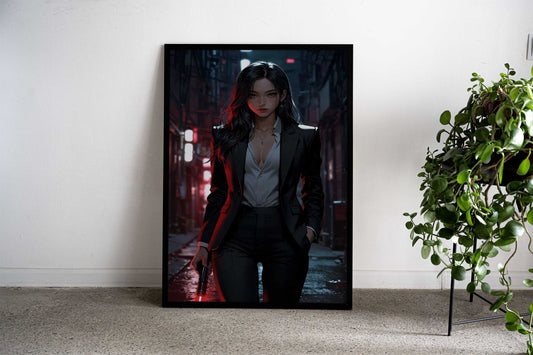 Anime Woman in Black Suit Asian Style Poster | Wall Art for Home & Office | High-Quality Print Premium Vinyl Skin Decal