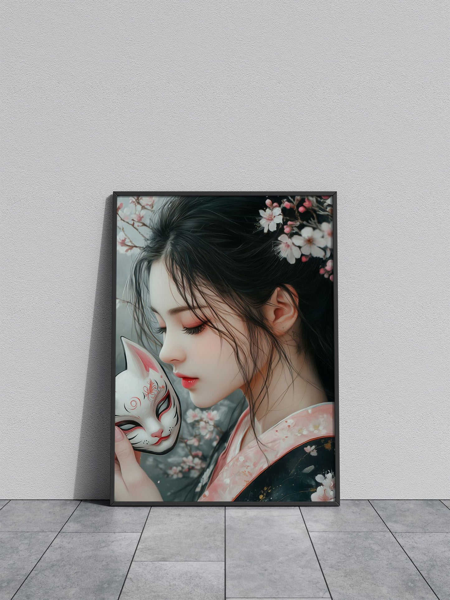 Asian Girl with Kitsune Mask & Cherry Blossoms Asian Style Poster | Wall Art for Home & Office | High-Quality Print