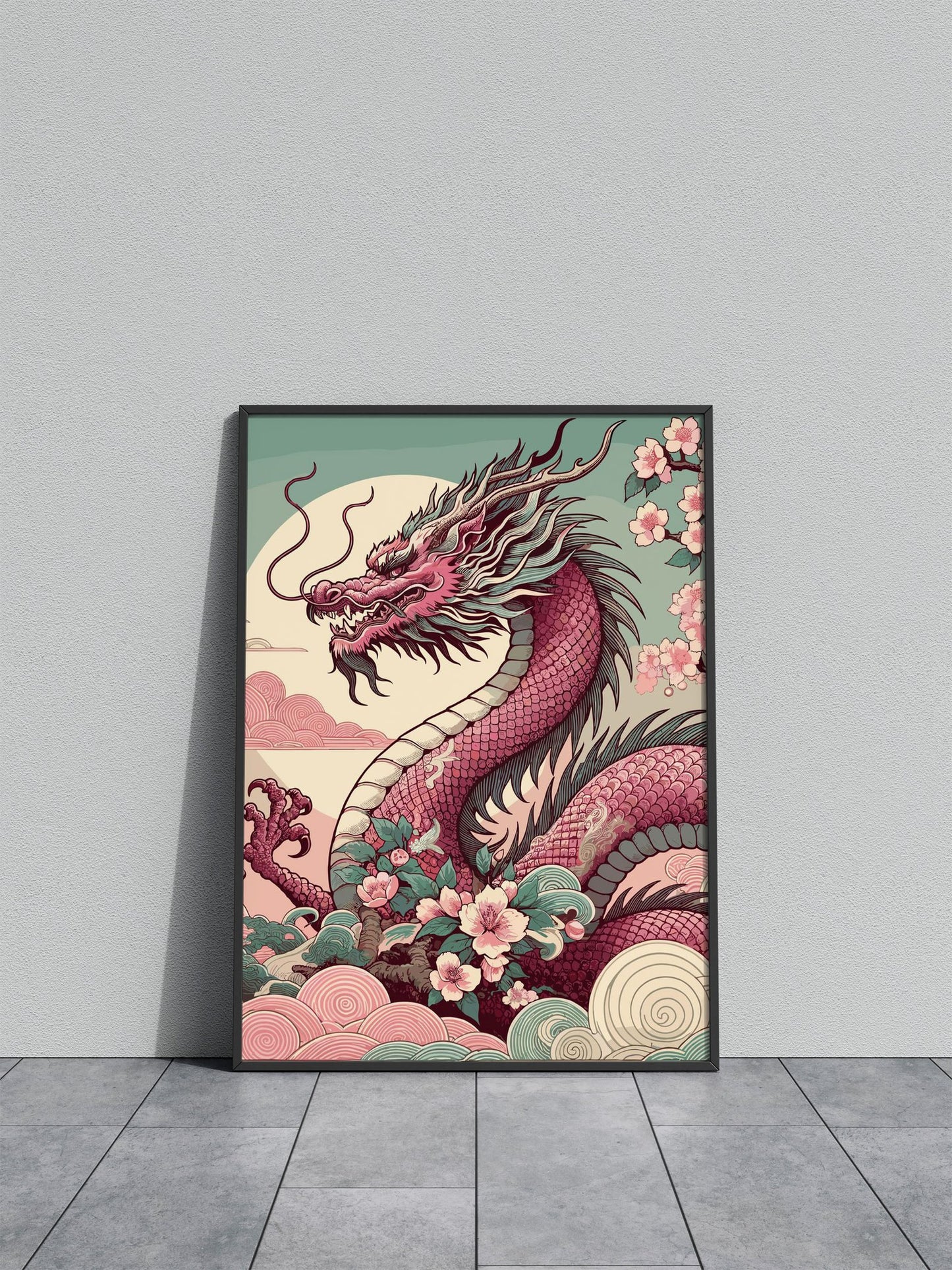 Asian Pink Dragon with Cherry Blossoms Asian Style Poster | Wall Art for Home & Office | High-Quality Print