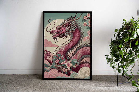 Asian Pink Dragon with Cherry Blossoms Asian Style Poster | Wall Art for Home & Office | High-Quality Print