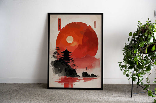 Asian Red Sunset Landscape Asian Style Poster | Wall Art for Home & Office | High-Quality Print
