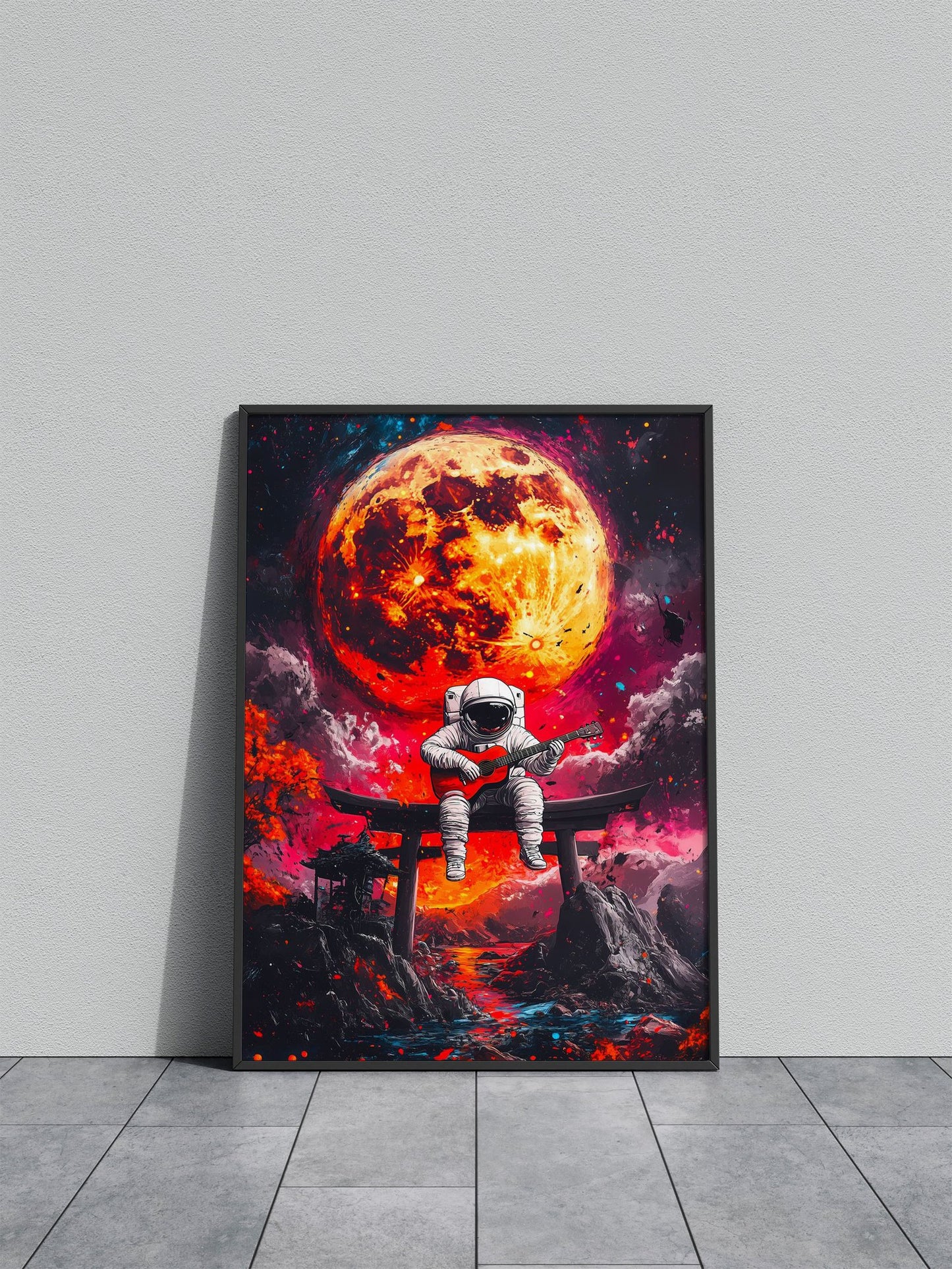 Astronaut Playing Guitar Asian Style Poster | Wall Art for Home & Office | High-Quality Print