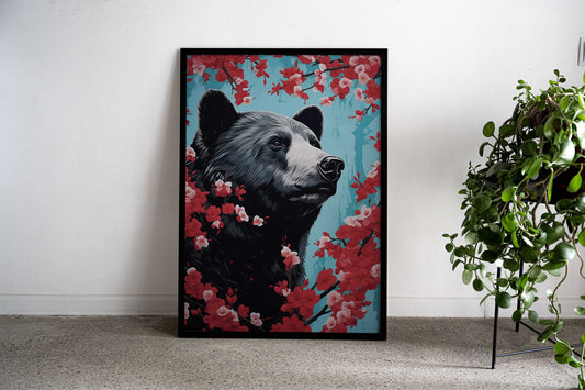 Bear Cherry Blossum Asian Style Poster | Wall Art for Home & Office | High-Quality Print