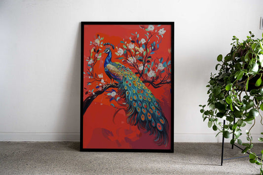 Beautiful Peacock on Branch Asian Style Poster | Wall Art for Home & Office | High-Quality Print