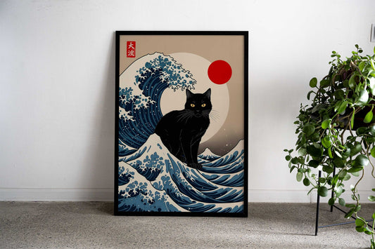 Black Cat Great Wave Asian Style Poster | Wall Art for Home & Office | High-Quality Print